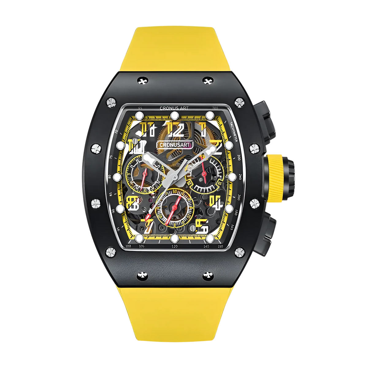 Cronusart CM002-01X - Tonneau automatic chronograph watch with black carbon steel case, skeleton dial, yellow accents and yellow rubber strap, front view on white background