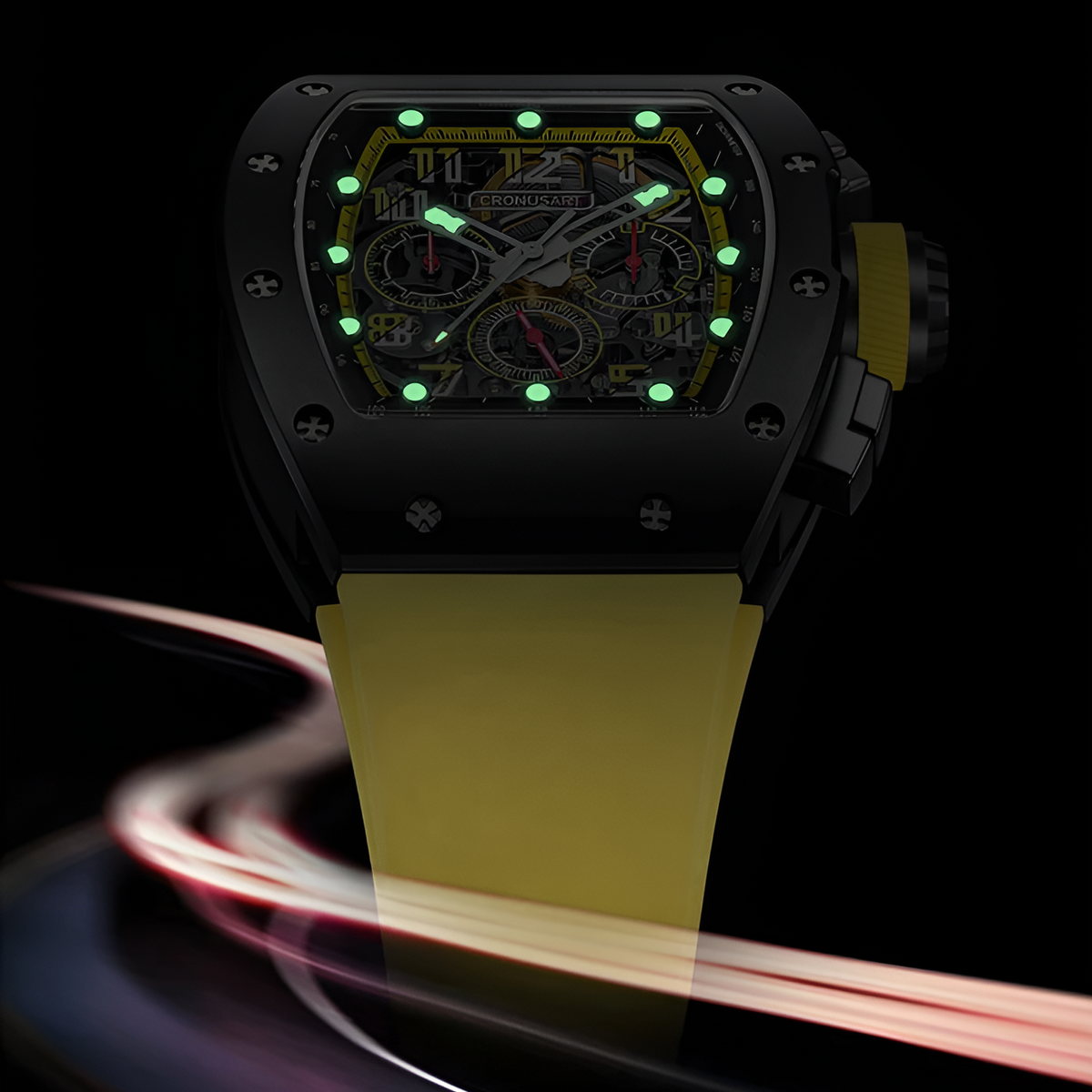 Cronusart CM002-01X Yellow strap luminous skeleton chronograph watch glowing in dark environment