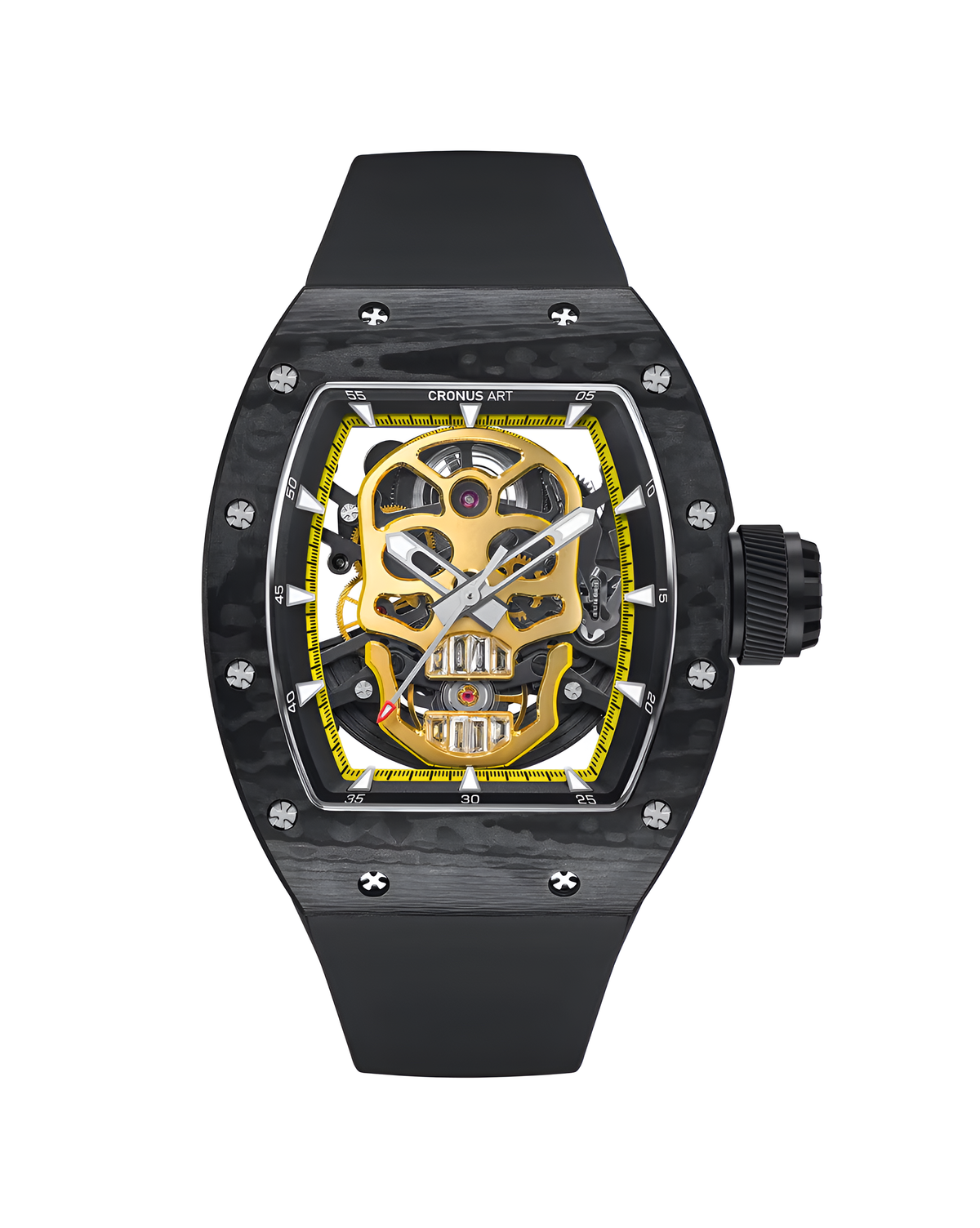 CRONUSART CM002-033 men automatic mechanical watch featuring gold skeleton skull dial and black strap