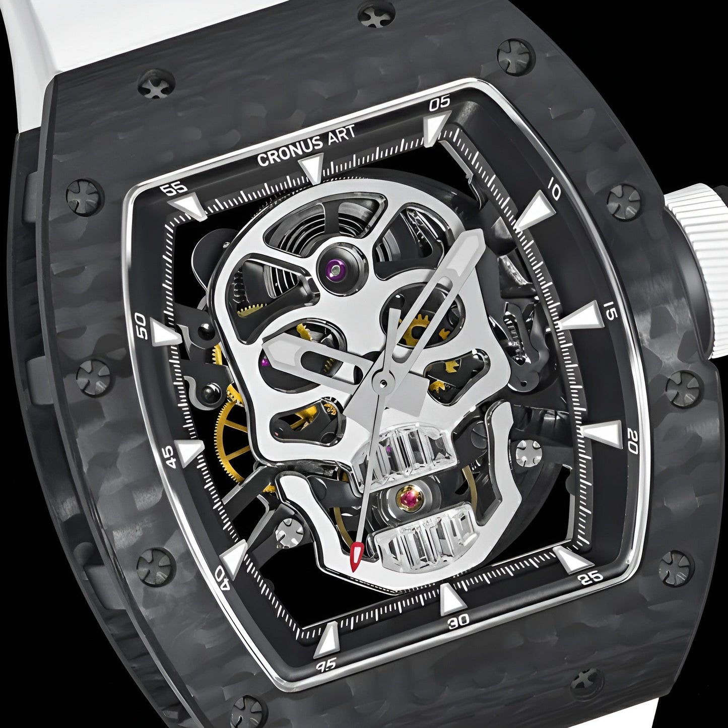 Close up of skeleton skull dial on CRONUSART CM002-033 men automatic mechanical watch