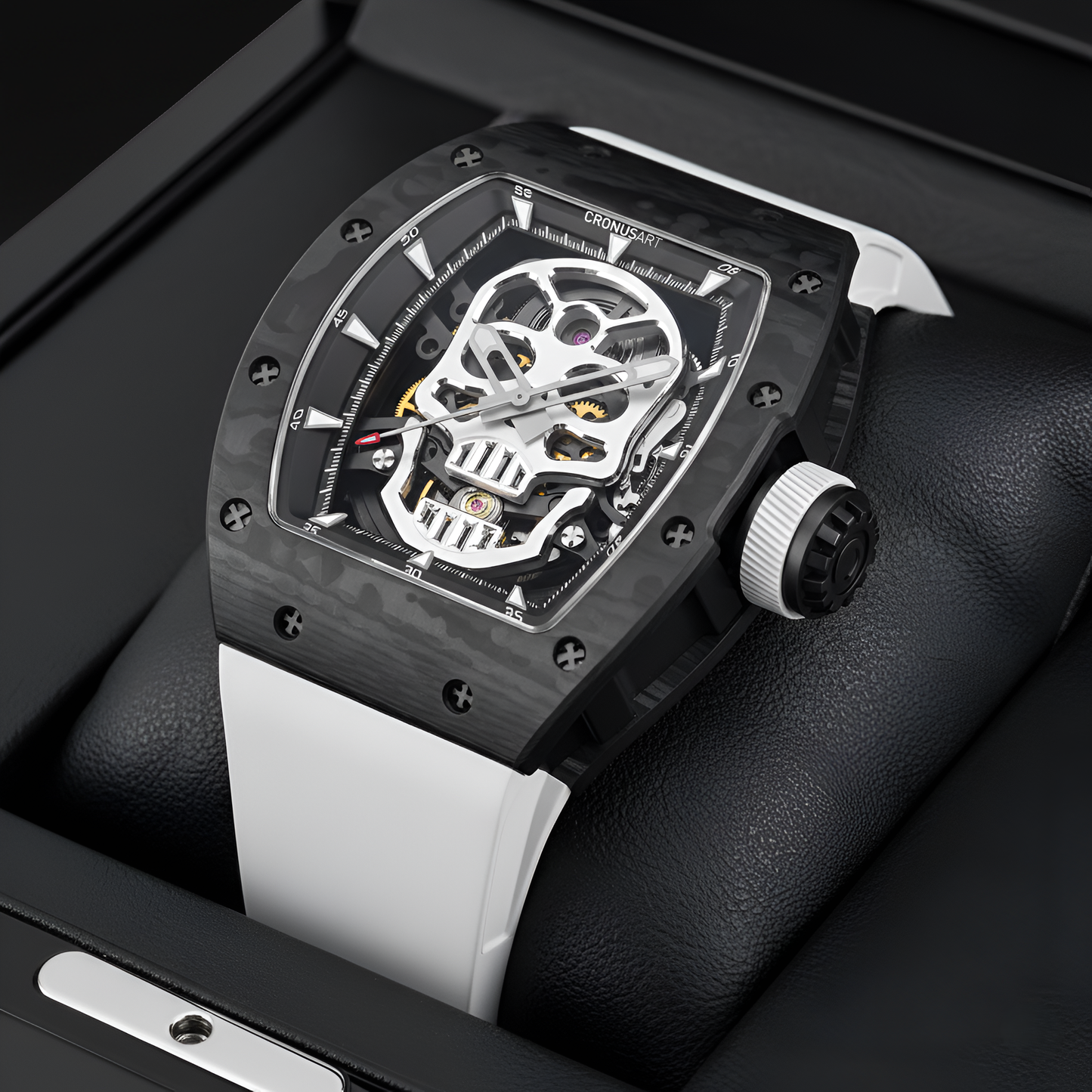 CRONUSART CM002-033 skeleton skull automatic mechanical watch presented in luxury box
