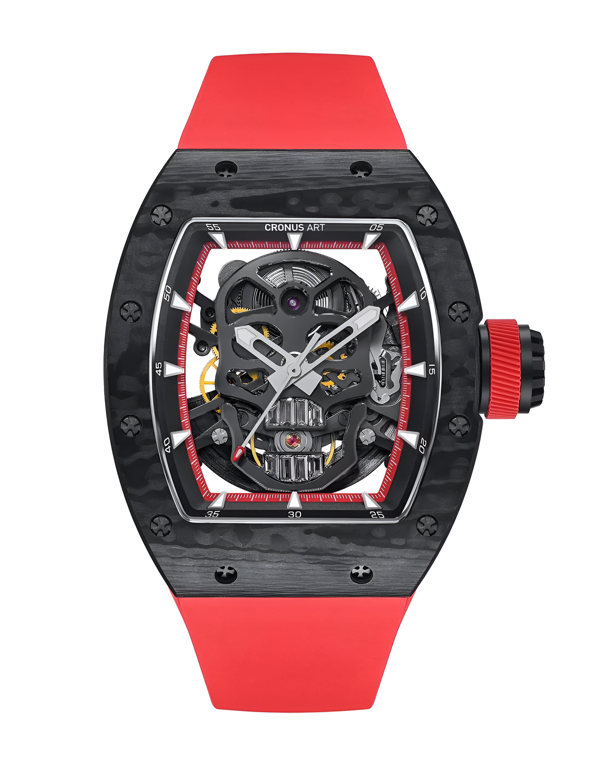 Men automatic mechanical skull watch CRONUSART CM002-033 with red strap front view