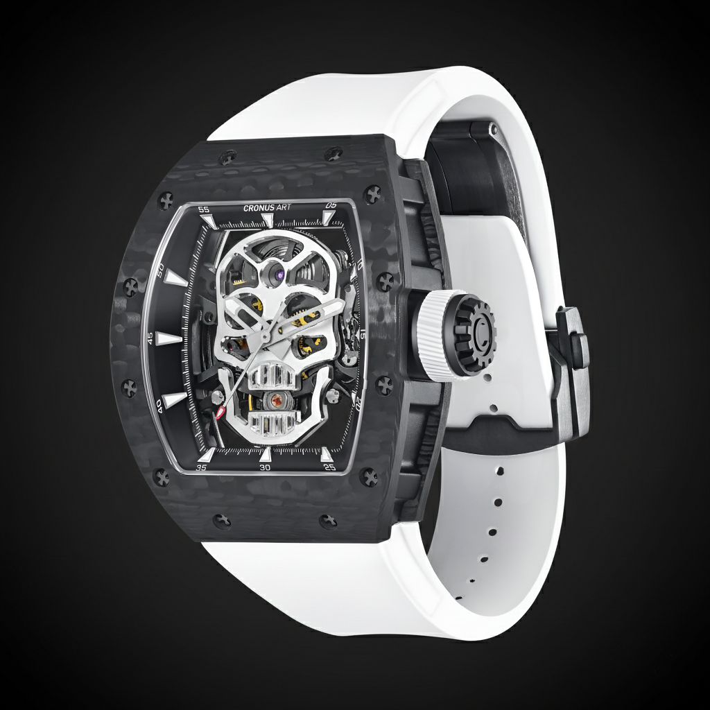 Skeleton skull automatic mechanical watch CRONUSART CM002-033 with white strap studio angle