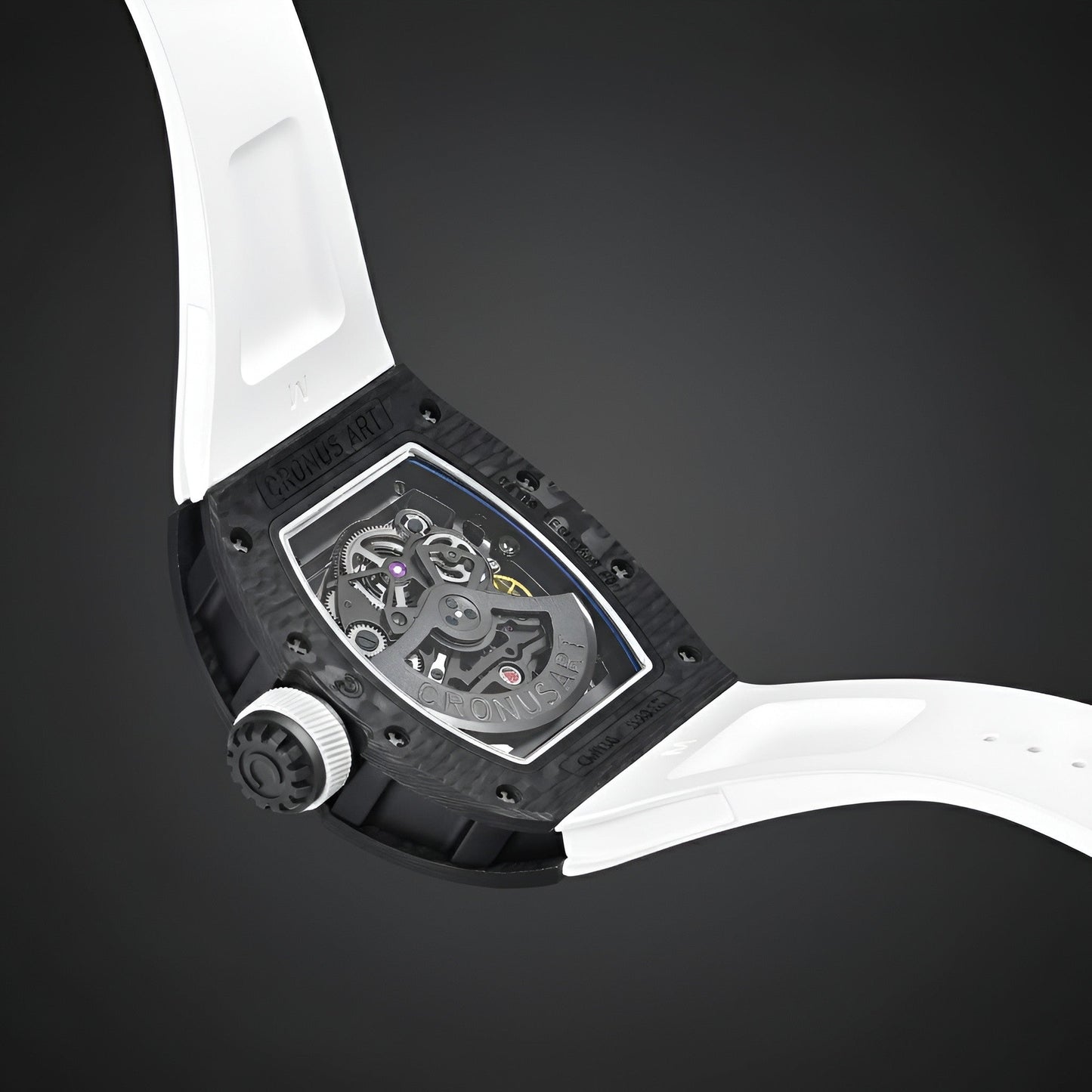 Rear angled view of CRONUSART CM002-033 skeleton skull automatic watch with white strap and exposed architecture