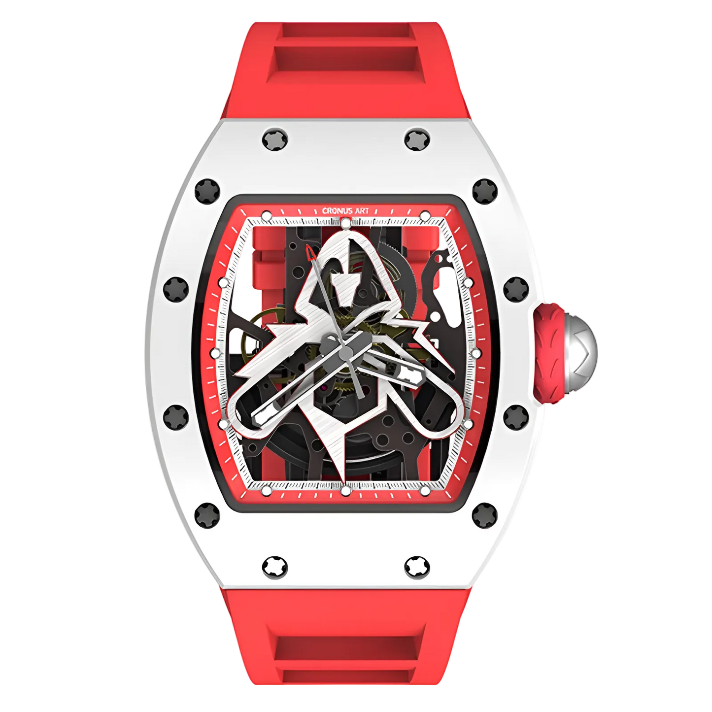 Cronusart CM002-06B - NTPT carbon fiber skeleton watch with red strap front view showcasing openworked mechanical movement