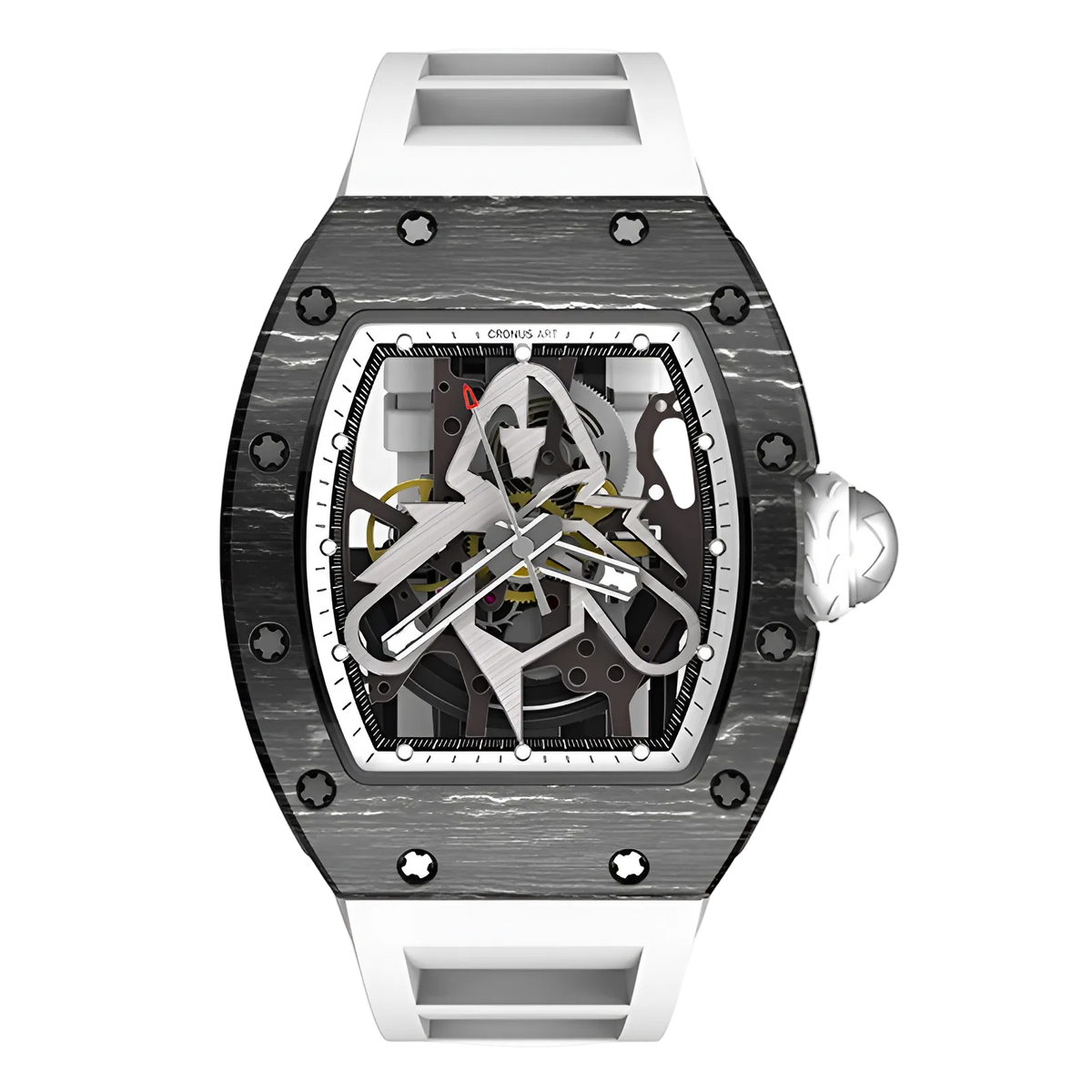 Cronusart CM002-06C - NTPT carbon fiber skeleton watch with white strap front view highlighting layered carbon case texture