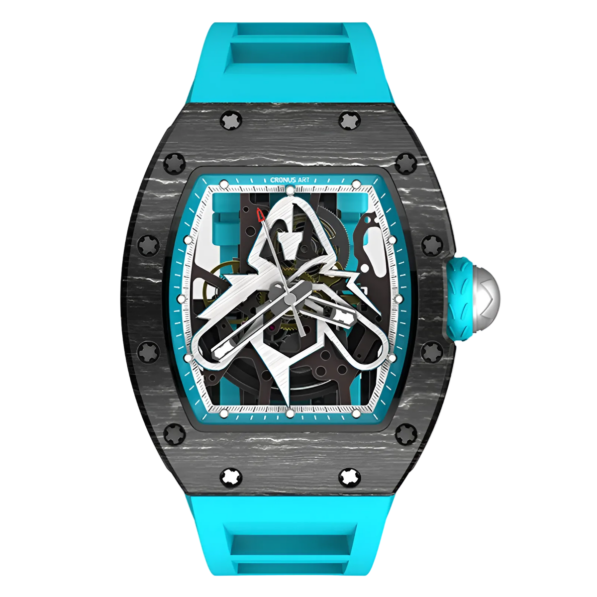 Cronusart CM002-06D - NTPT carbon fiber skeleton watch with turquoise strap front view featuring transparent mechanical architecture