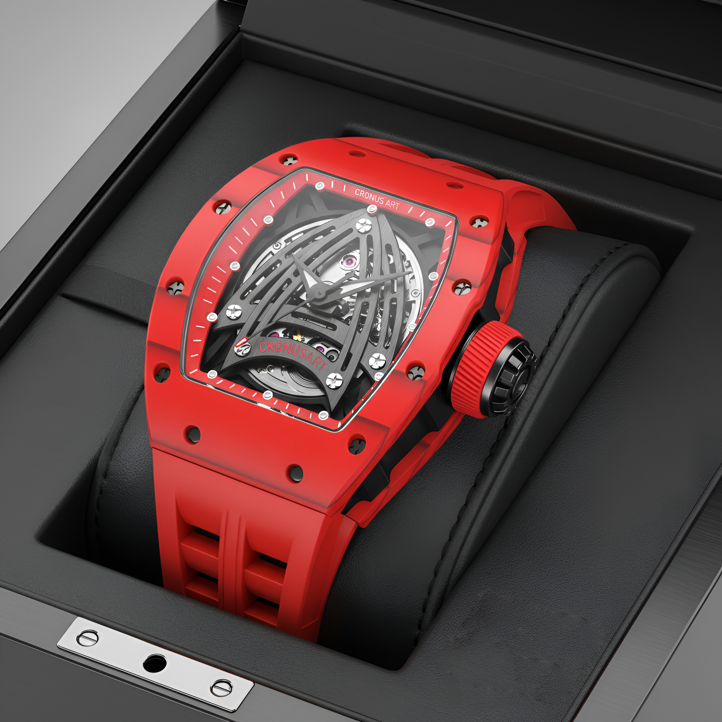 Cronusart CM002 075 Carbon Fiber Skeleton Watch angled view bright red black skeleton dial rubber strap tonneau exposed movement