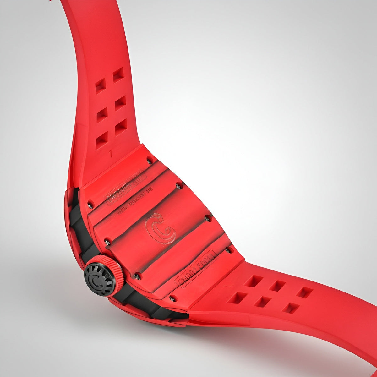 Cronusart CM002 075 Carbon Fiber Skeleton Watch caseback view racing red black rubber strap curved design exposed screws perforated strap sporty watch