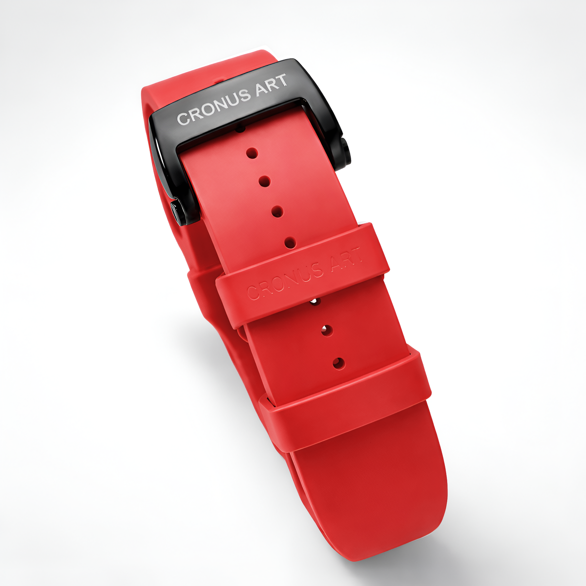 Cronusart CM002 075 Carbon Fiber Skeleton Watch diagonal view vibrant red black buckle rubber strap pin holes replacement band sporty design
