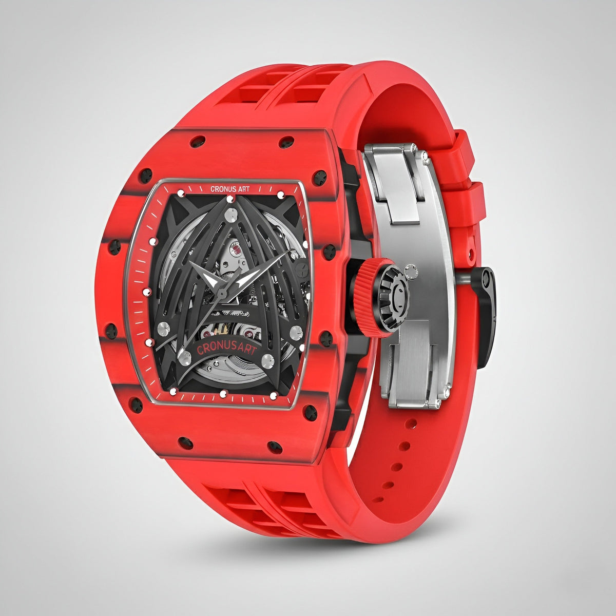Cronusart CM002 075 Carbon Fiber Skeleton Watch studio shot red case black dial rubber strap skeleton movement tonneau shaped silver clasp
