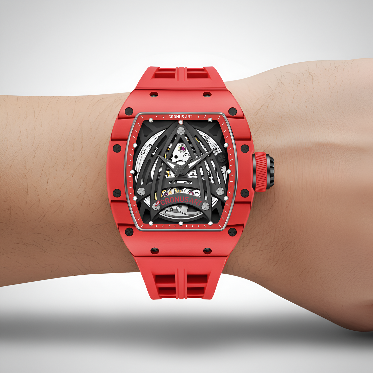 Cronusart CM002 075 Carbon Fiber Skeleton Watch worn view vibrant red matte black rubber strap skeleton dial tonneau case exposed screws