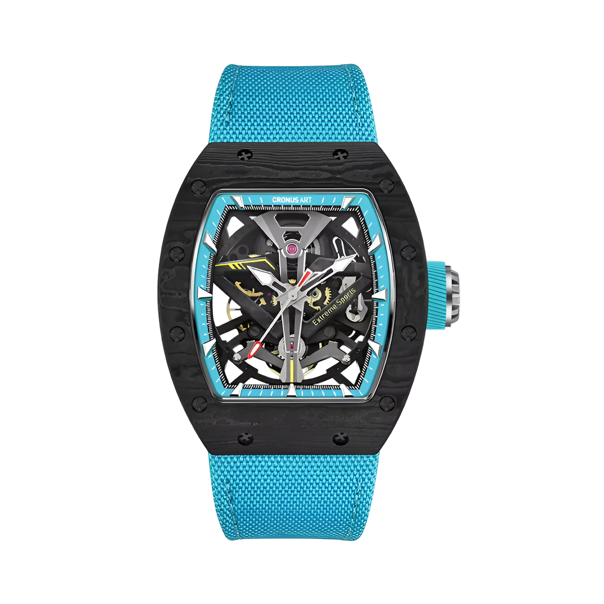 CRONUSART CM002-083 - Carbon fiber automatic skeleton watch with tonneau case, exposed gear train, sapphire crystal, and kinetic mechanical depth