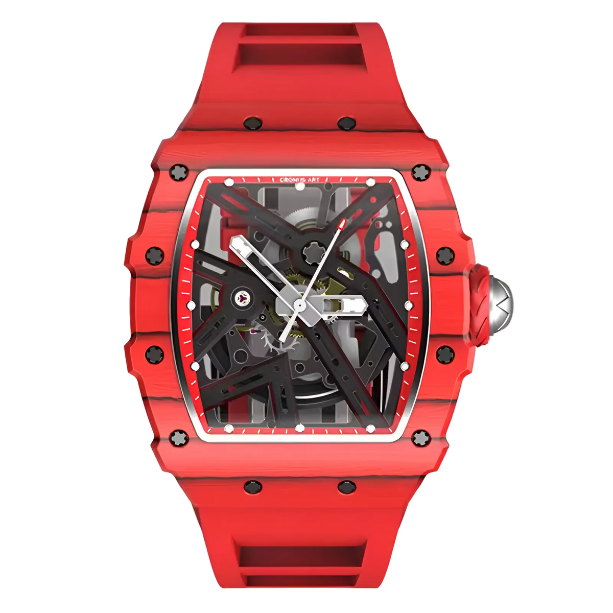 Cronusart CM002-12A men automatic skeleton watch featuring red NTPT carbon case with high-beat mechanical movement