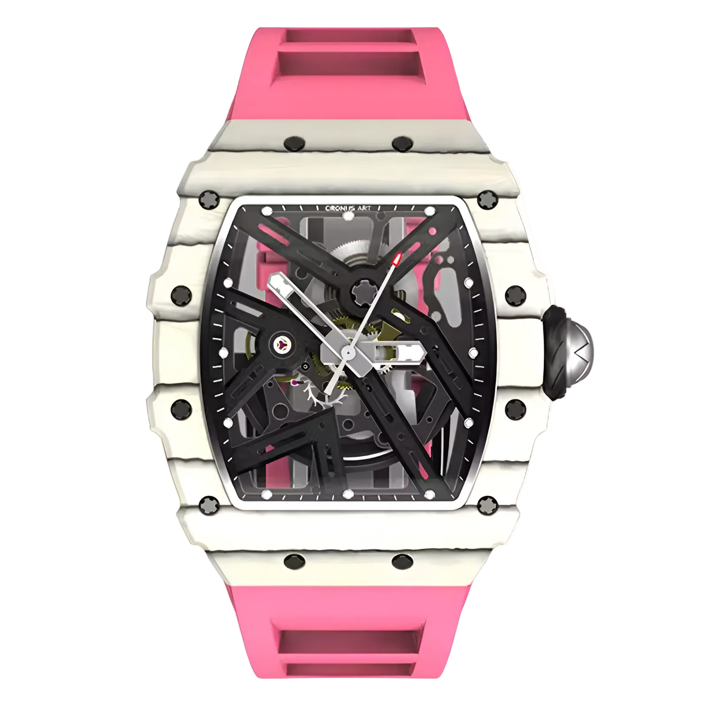 Cronusart CM002-12b men automatic skeleton watch with white NTPT carbon case and pink fluororubber strap