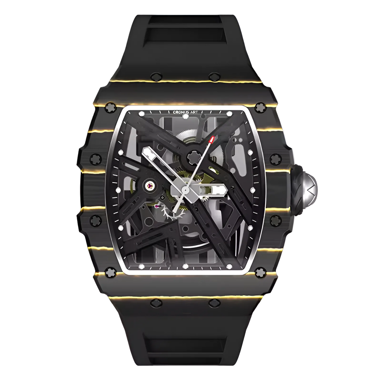 Cronusart CM002-12C men automatic skeleton watch in black NTPT carbon case with openworked dial and black fluororubber strap
