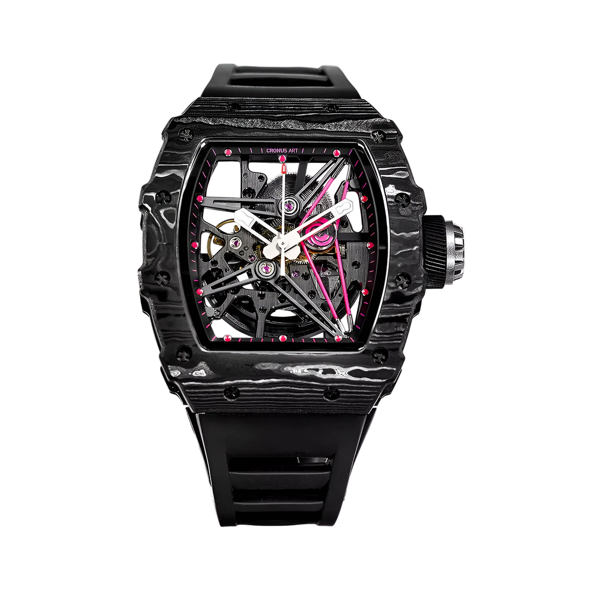 Cronusart CM002-13A arbon fiber skeleton watch in black NTPT carbon tonneau case, open worked automatic movement and black fluororubber strap, front view on white backgroun- d