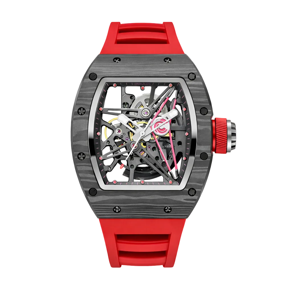 Cronusart CM002-13A - Carbon fiber skeleton watch in grey NTPT tonneau case with red fluororubber strap, open worked automatic movement displayed in protective case