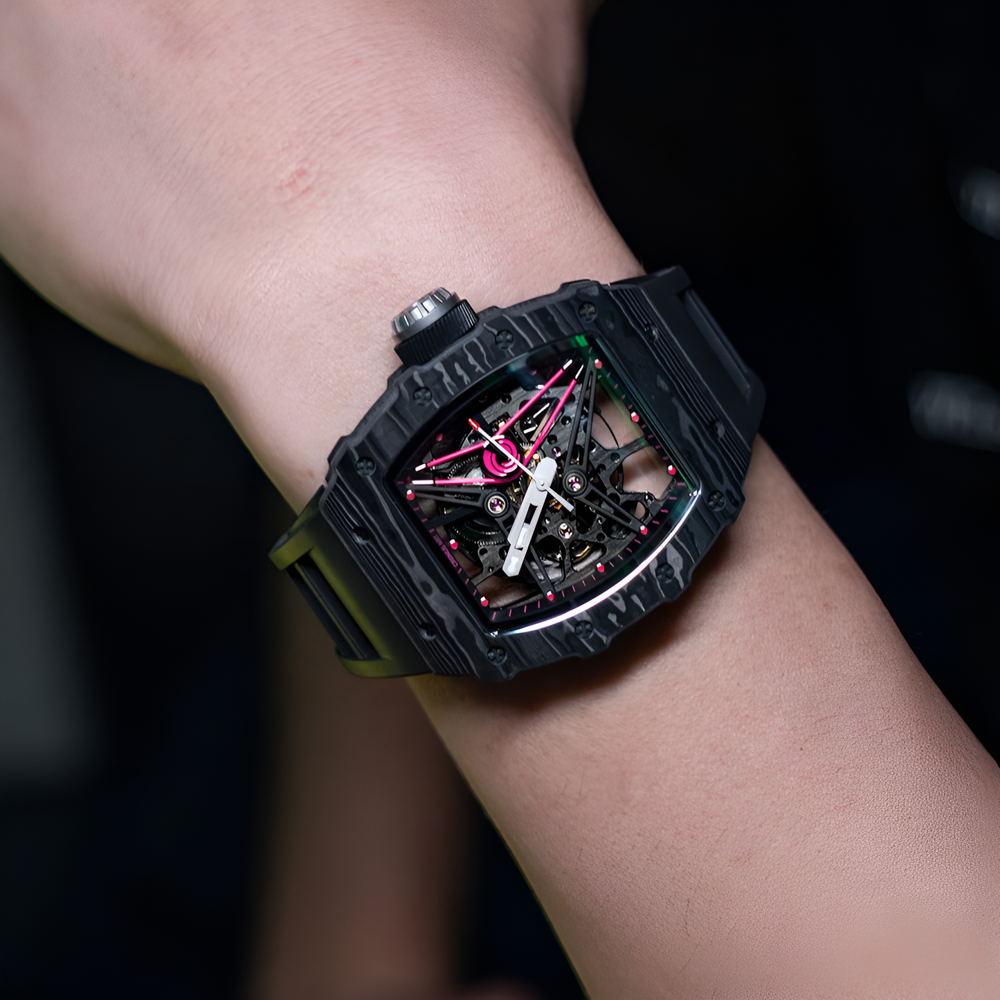 Cronusart CM002-13A - Carbon fiber skeleton watch worn on wrist showcasing bold tonneau design and skeleton dial