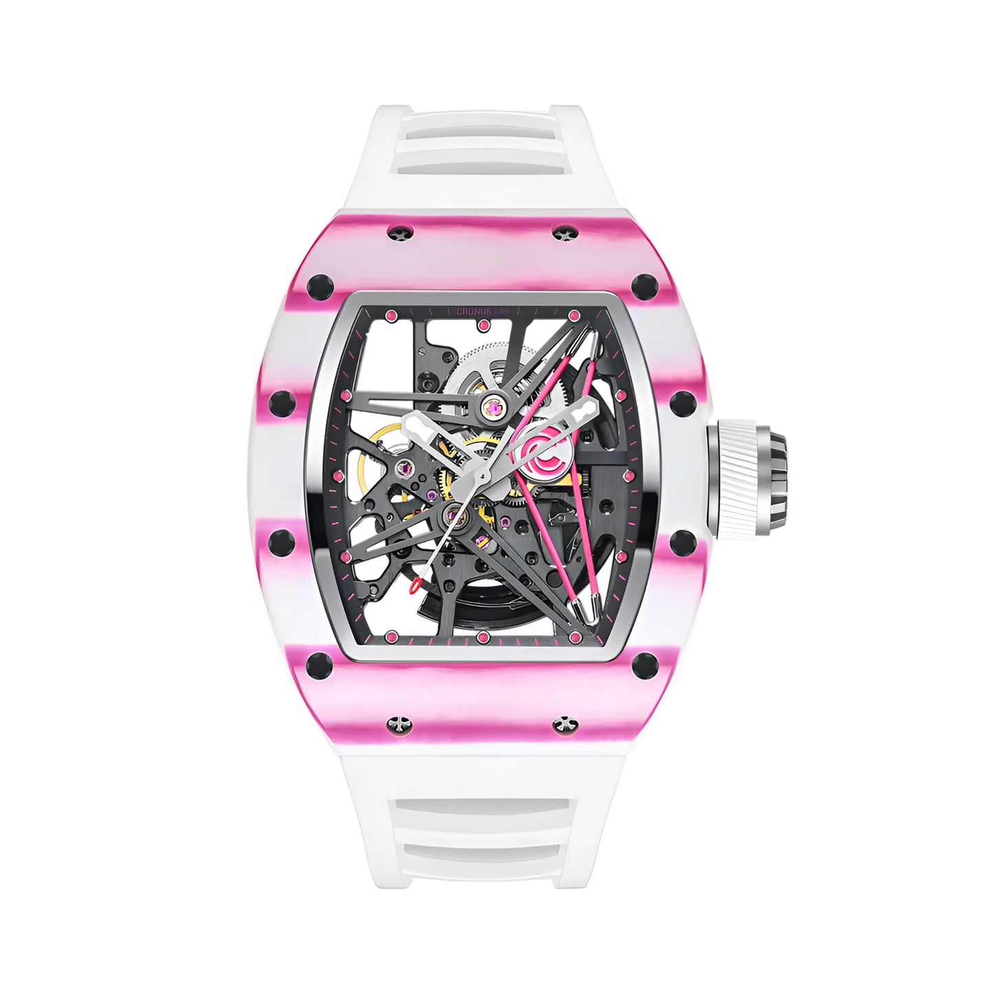 Cronusart CM002-13A - Carbon fiber skeleton watch with pink transparent tonneau case, open worked mechanical dial and white fluororubber strap, front view on white background