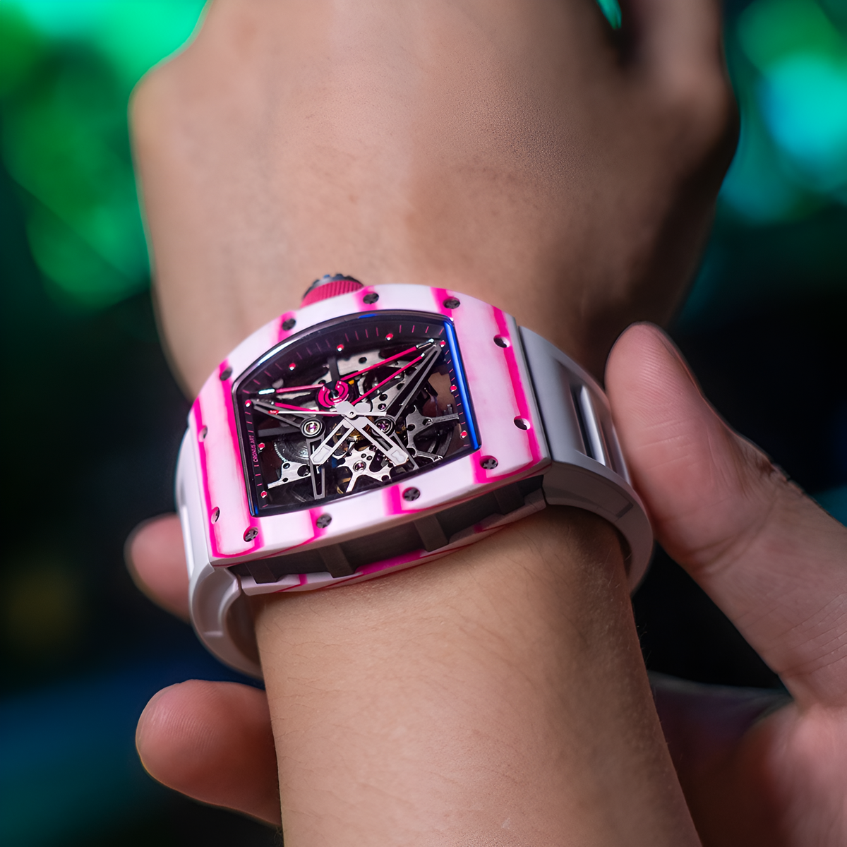 Cronusart CM002 13A - NTPT carbon fiber skeleton watch pink edition worn on wrist