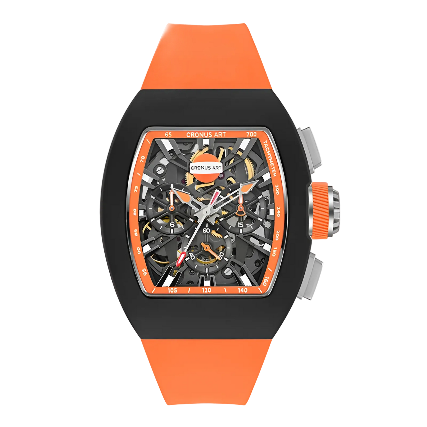 CRONUSART CM011-009 - Chronograph with orange and black strap, skeleton dial, and tachymeter bezel