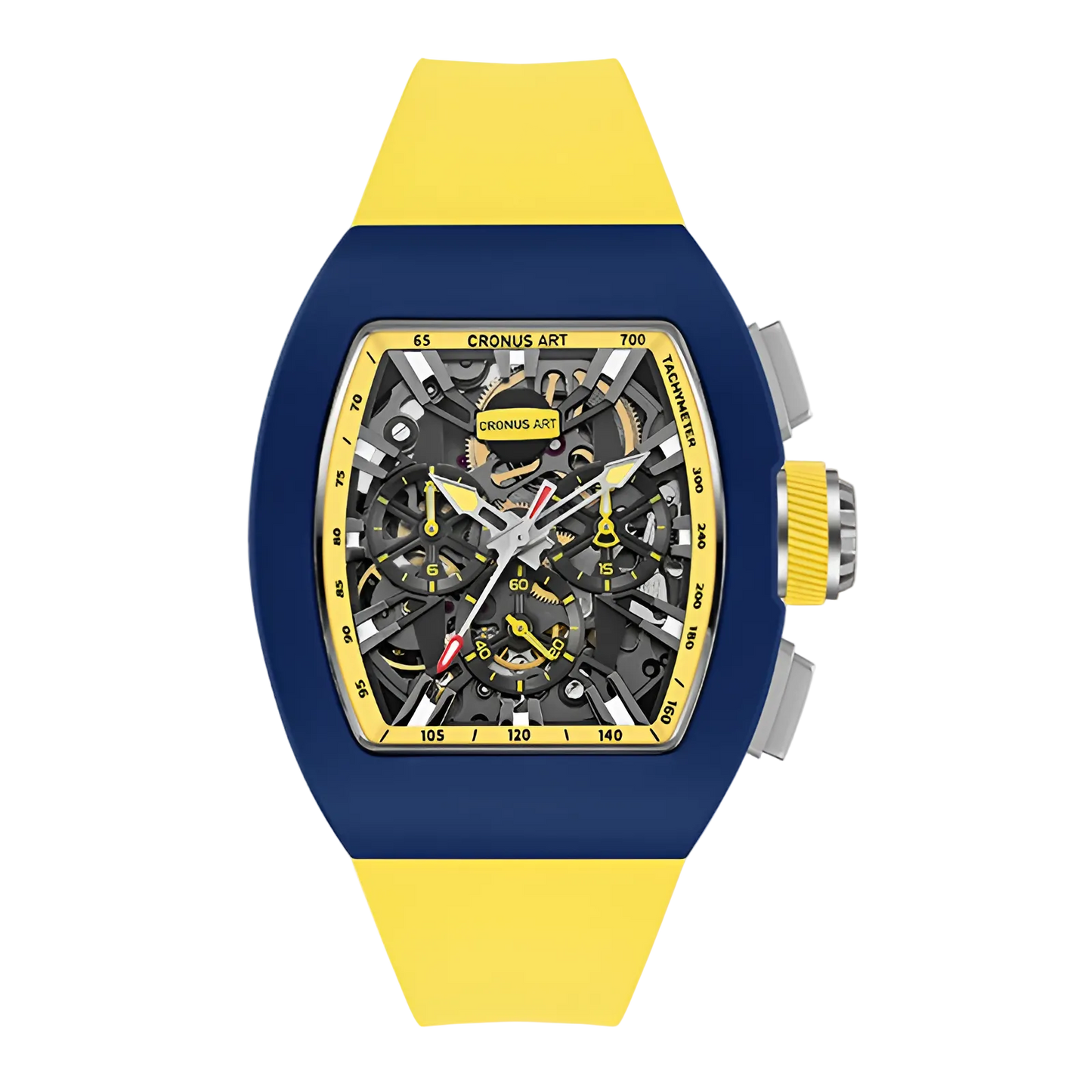 CRONUSART CM011-009 - Blue and yellow skeleton chronograph wristwatch with exposed gears and automatic chronograph function
