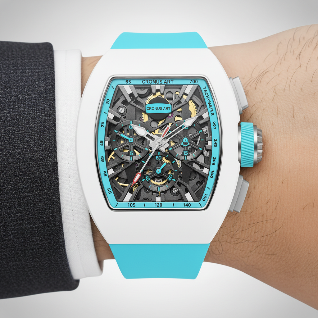 CRONUSART CM011-009 - White and light blue skeleton chronograph Wrist wearing a white and blue watch