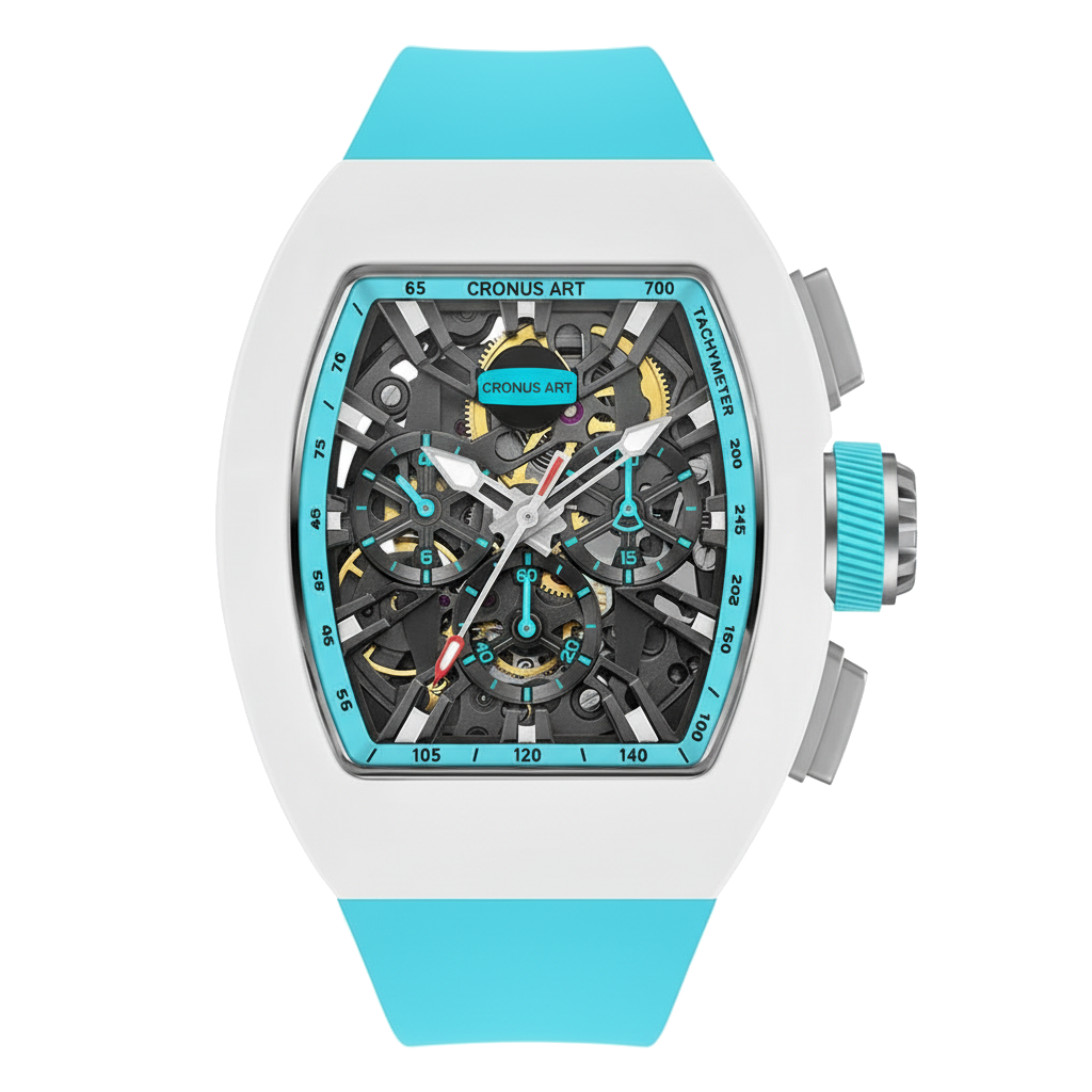 CRONUSART CM011-009 - White and light blue skeleton chronograph wristwatch with exposed mechanical movement