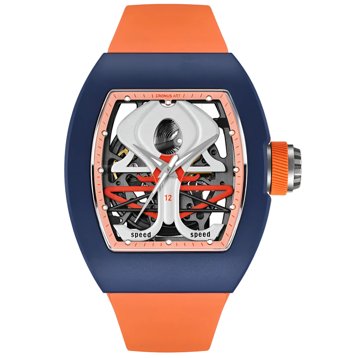 Cronusart CM011-011 - Tonneau automatic skeleton watch Space Station edition with blue carbon steel case orange fluororubber strap and futuristic open worked dial
