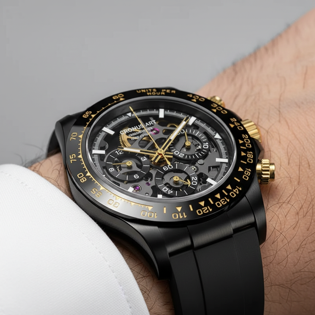 CRONUSART CM015-003 - Men - stainless steel chronograph, side profile, architectural lugs