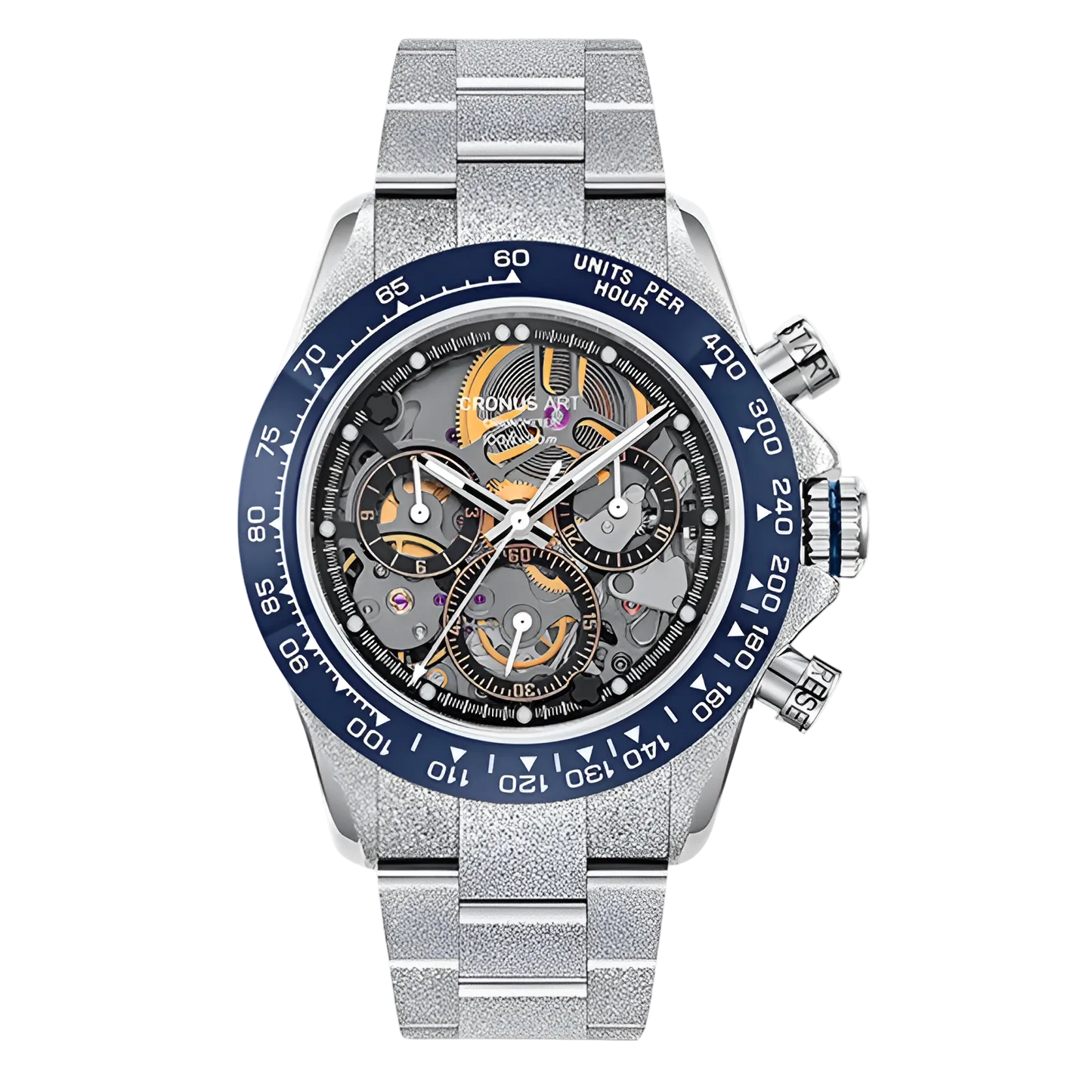 Cronusart CM015-011 - Automatic skeleton chronograph watch with blue ceramic bezel and silver stainless steel bracelet