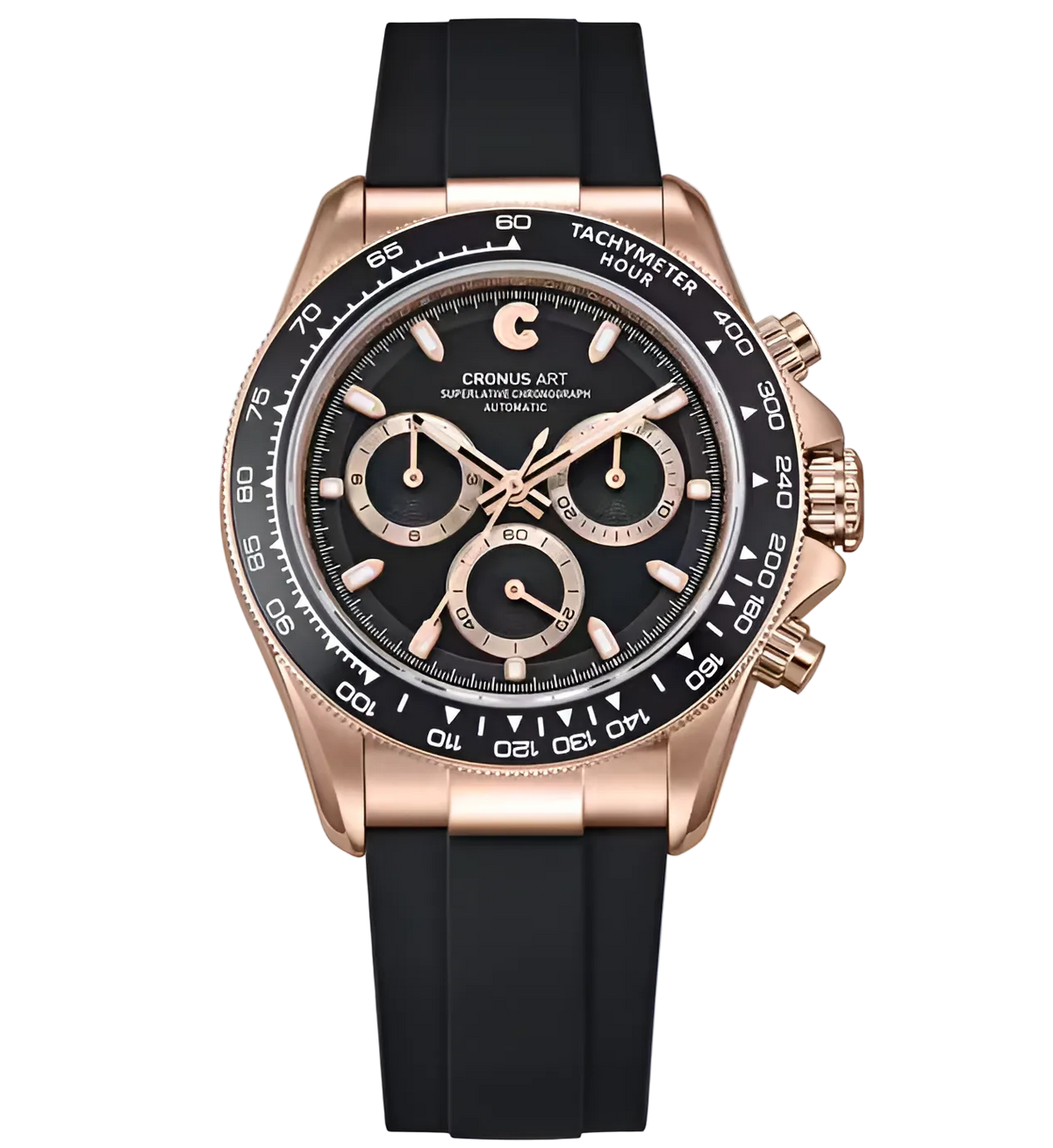 CRONUSART CM015-03 - Chronograph with rose gold case, black dial, and tachymeter bezel