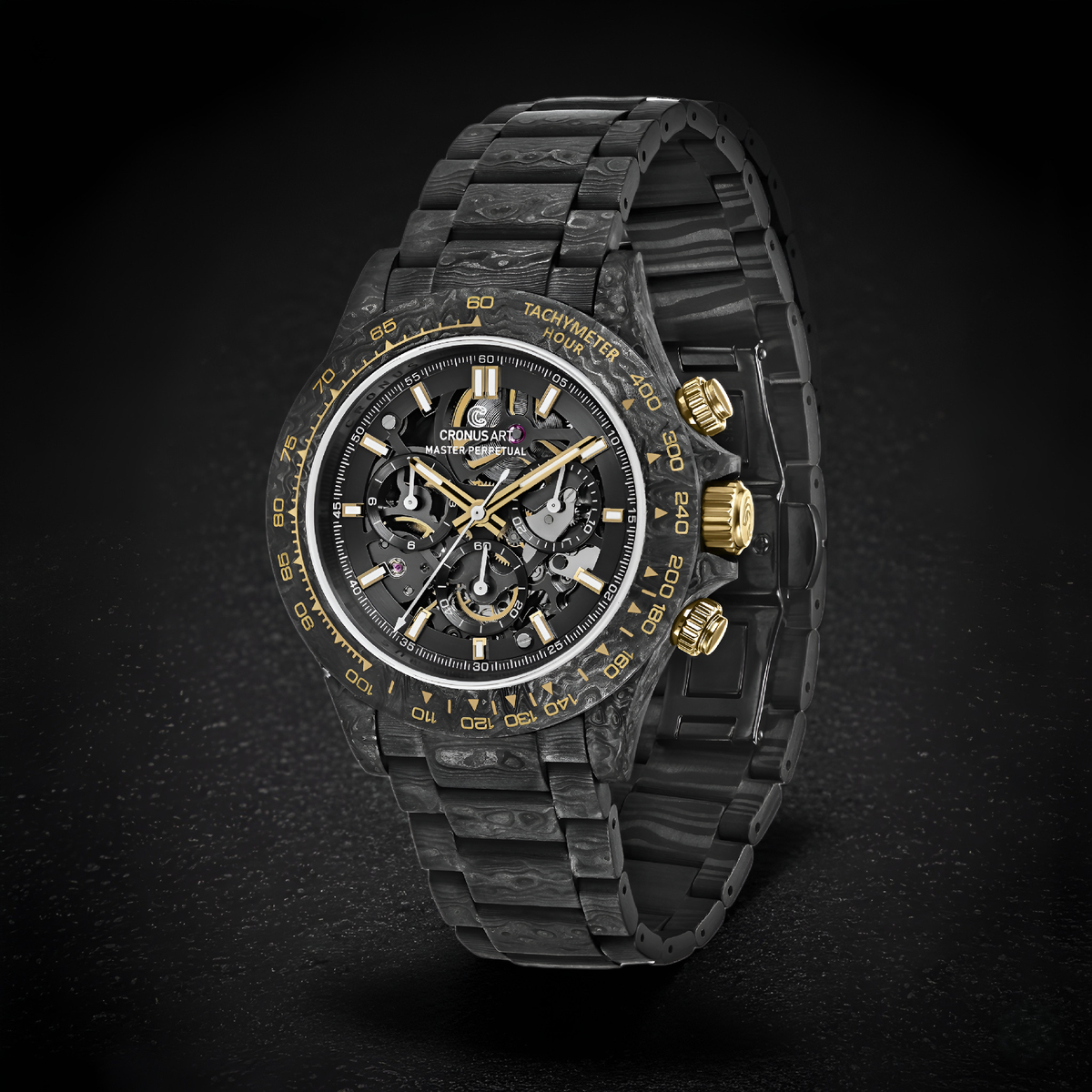 CRONUSART CM016-027 - Angled studio view of CRONUSART automatic chronograph watch with carbon fiber case
