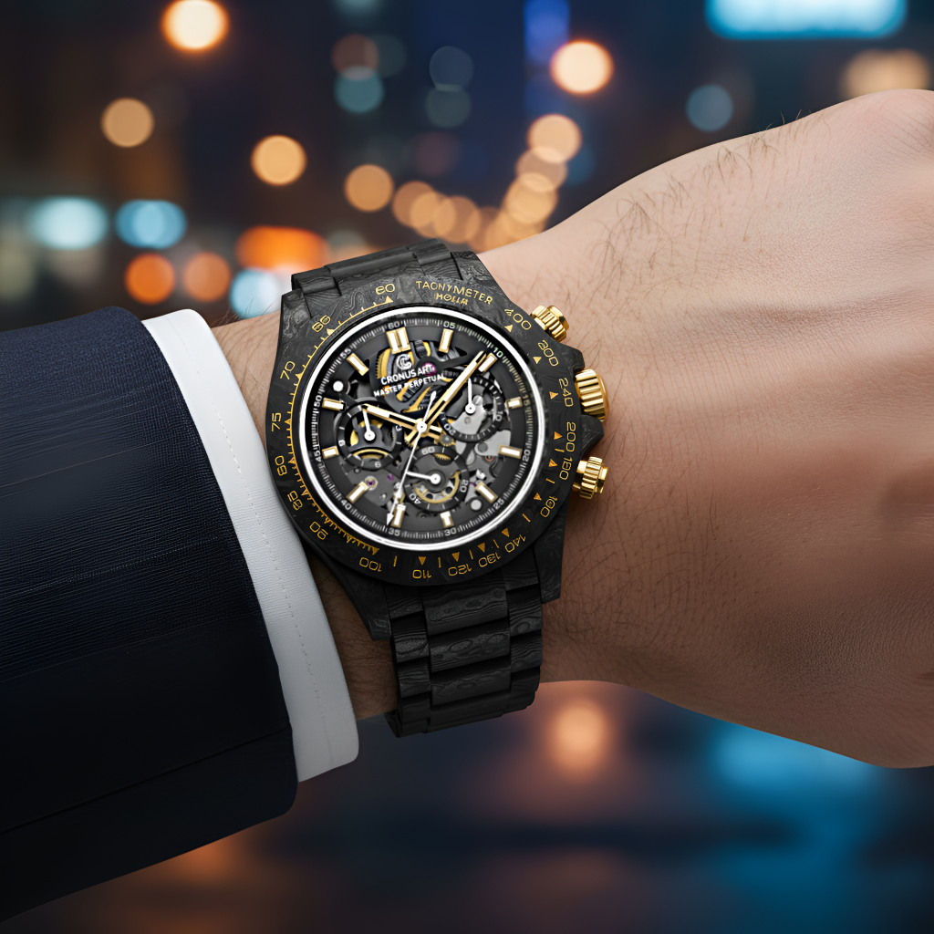 CRONUSART CM016-027 - Men’s automatic chronograph watch CRONUSART worn on wrist with carbon fiber case in night lifestyle scene