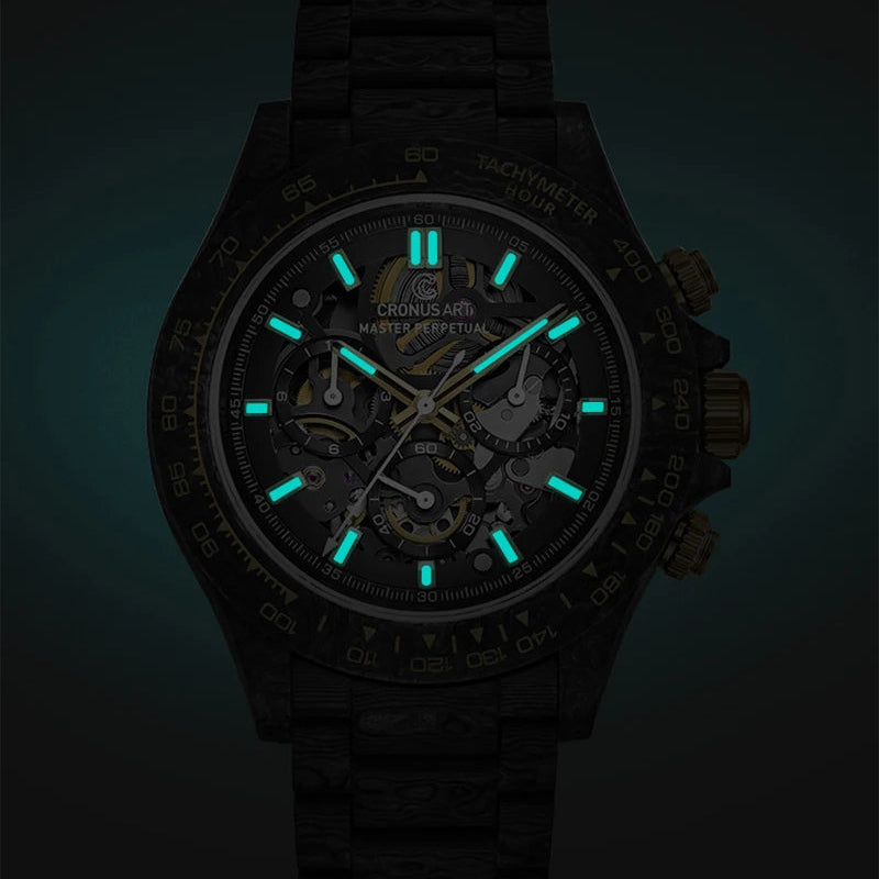 CRONUSART Men Automatic Watch Luminous dial of CRONUSART men’s automatic chronograph watch in low-light conditions