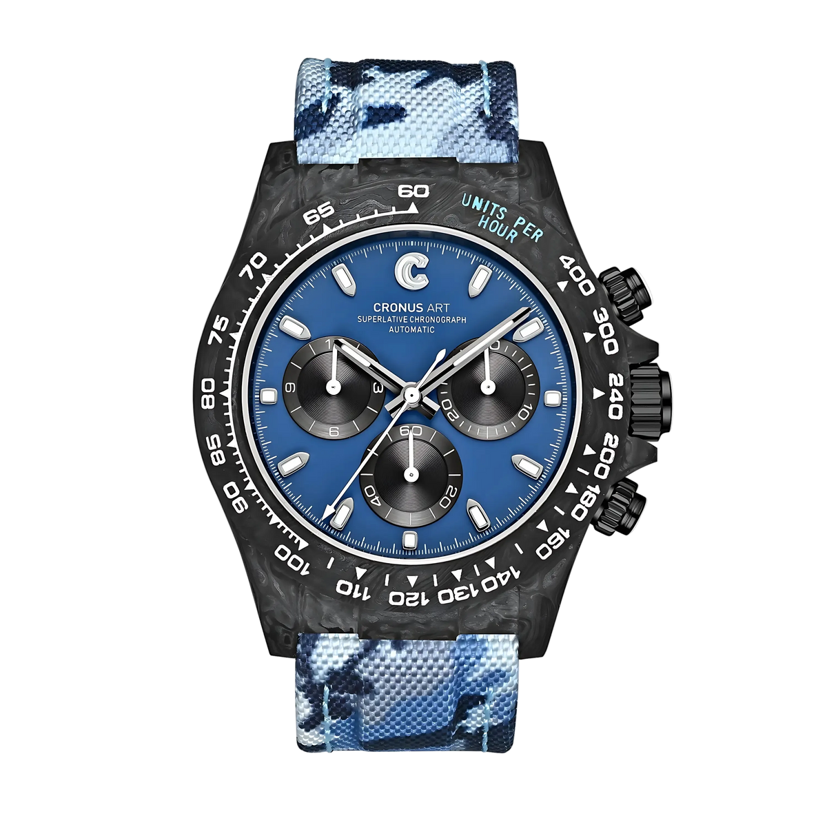 Cronusart CM016 037 carbon fiber automatic chronograph watch with blue dial and blue camo strap front view