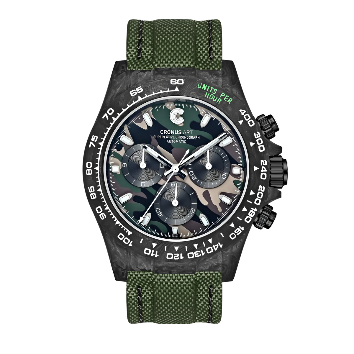 Cronusart CM016 037 carbon fiber automatic chronograph watch with dark camo dial and green strap front view