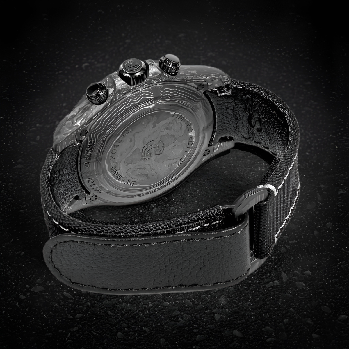 Rear angle of Cronusart CM016-069 forged carbon automatic watch showing caseback and hybrid strap