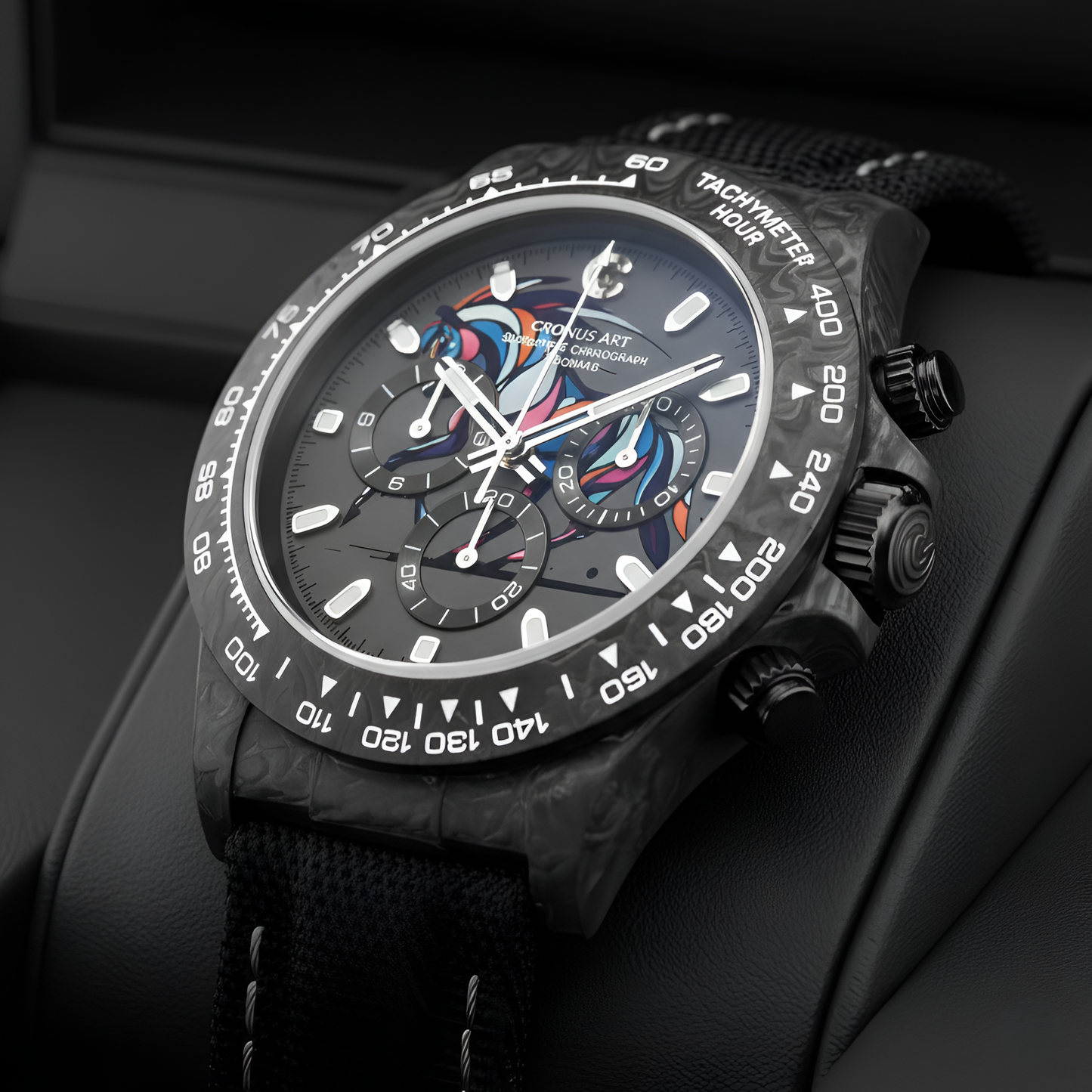 Cronusart CM016-069 Forged Carbon Automatic Watch displayed in luxury presentation box