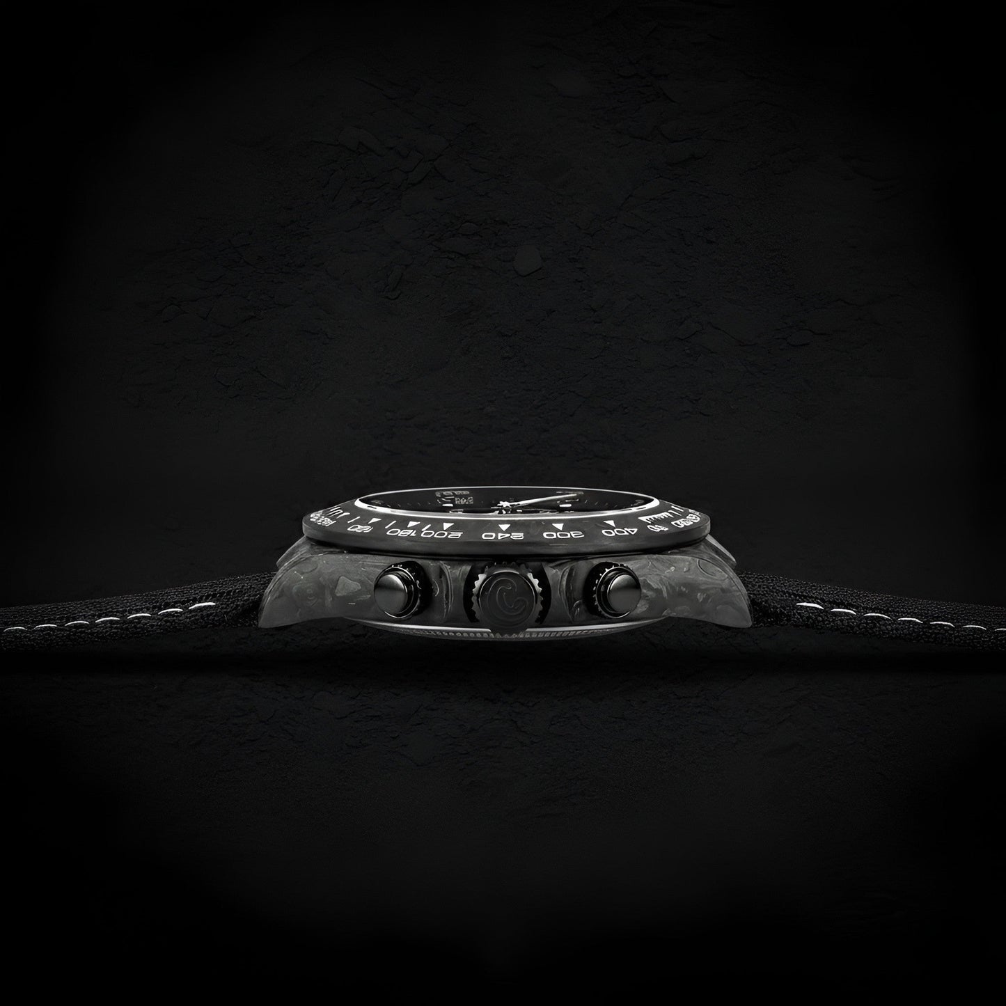 Side profile of Cronusart CM016-069 forged carbon automatic watch highlighting slim case design
