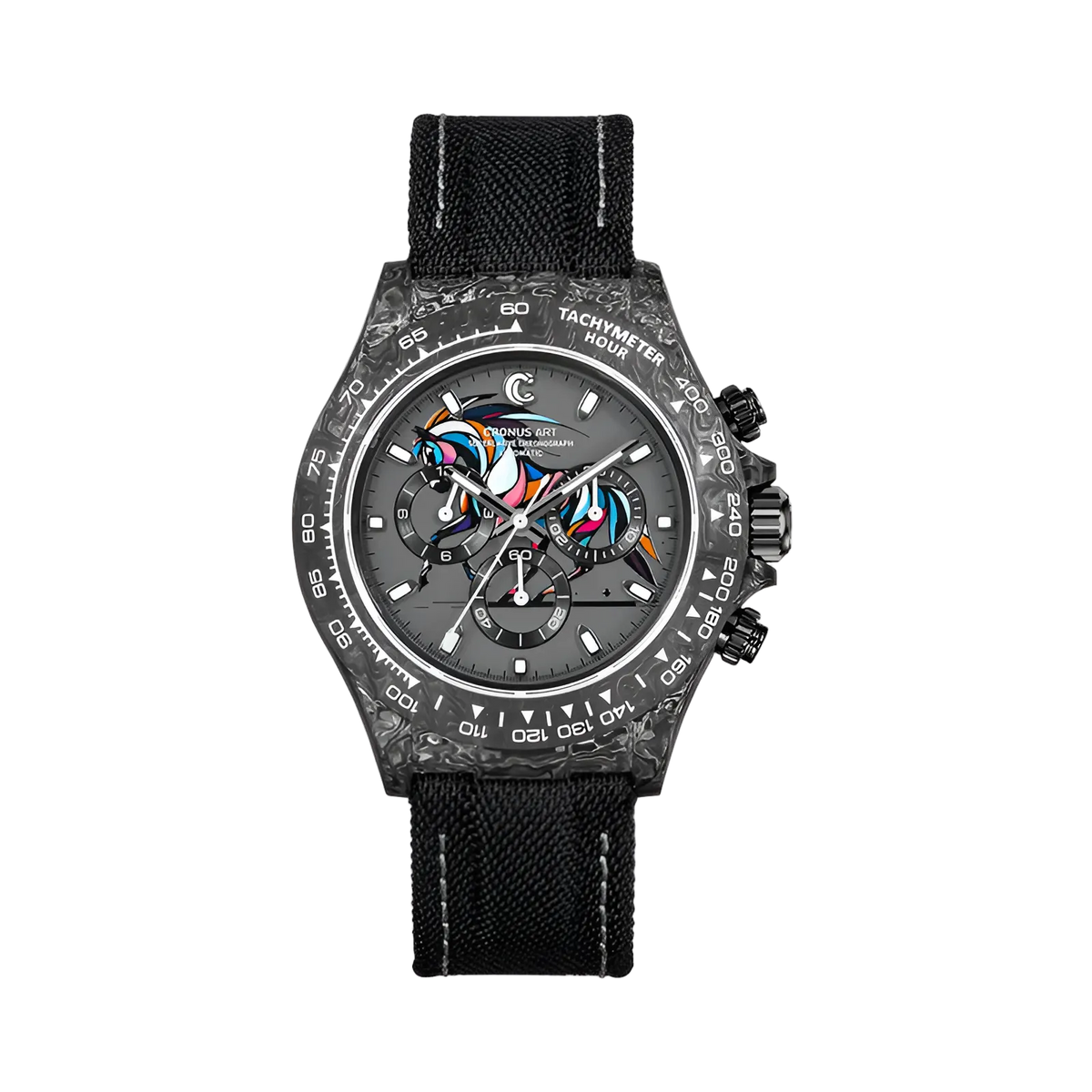 Front view of Cronusart CM016-069 forged carbon automatic watch with Year of the Horse dial