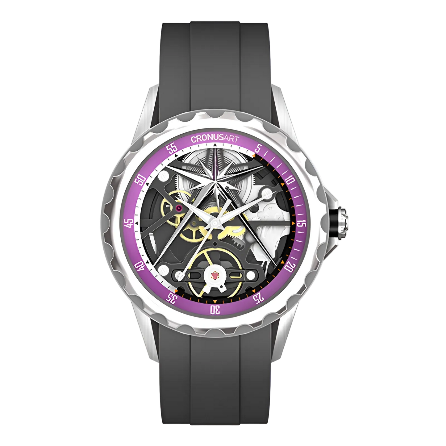 Cronusart CM05-06A - Automatic skeleton watch with black rubber strap and purple bezel, exposed hollow out dial