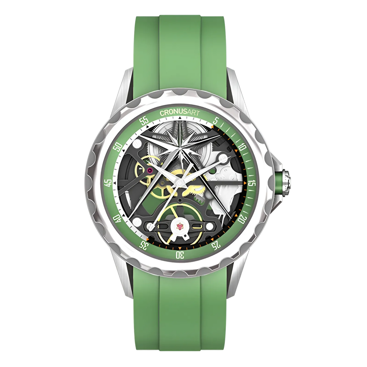 Cronusart CM05-06A - Automatic skeleton watch with green rubber strap and green bezel, hollow out mechanical movement