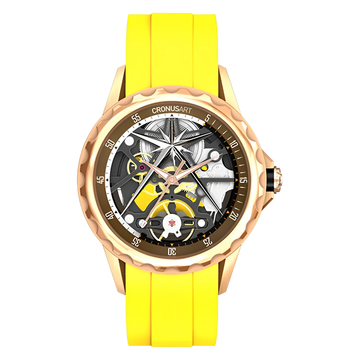 Cronusart CM05-06A - Automatic skeleton watch with yellow rubber strap and gold tone case, hollow out design
