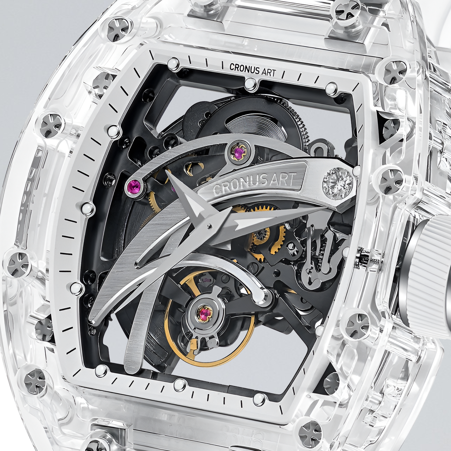 Close up of blade dial on Cronusart CM08-010 transparent automatic skeleton watch