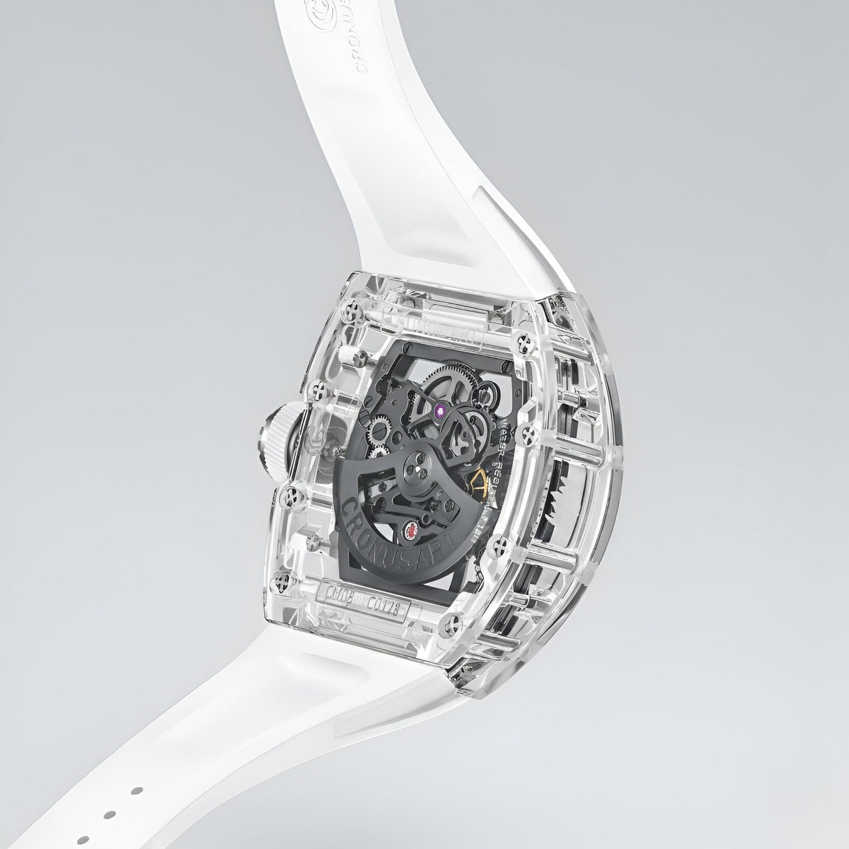 Angled view of Cronusart CM08-010 transparent automatic skeleton watch with fluororubber strap