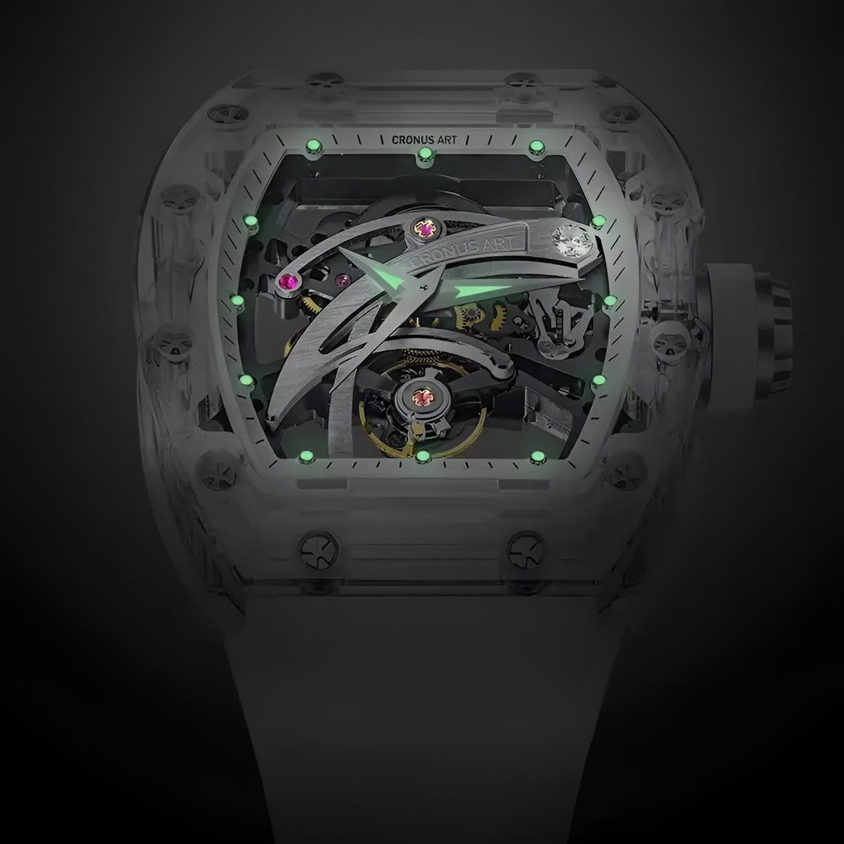 Cronusart CM08-010 - Transparent automatic skeleton watch showing luminous hands and markers in low light
