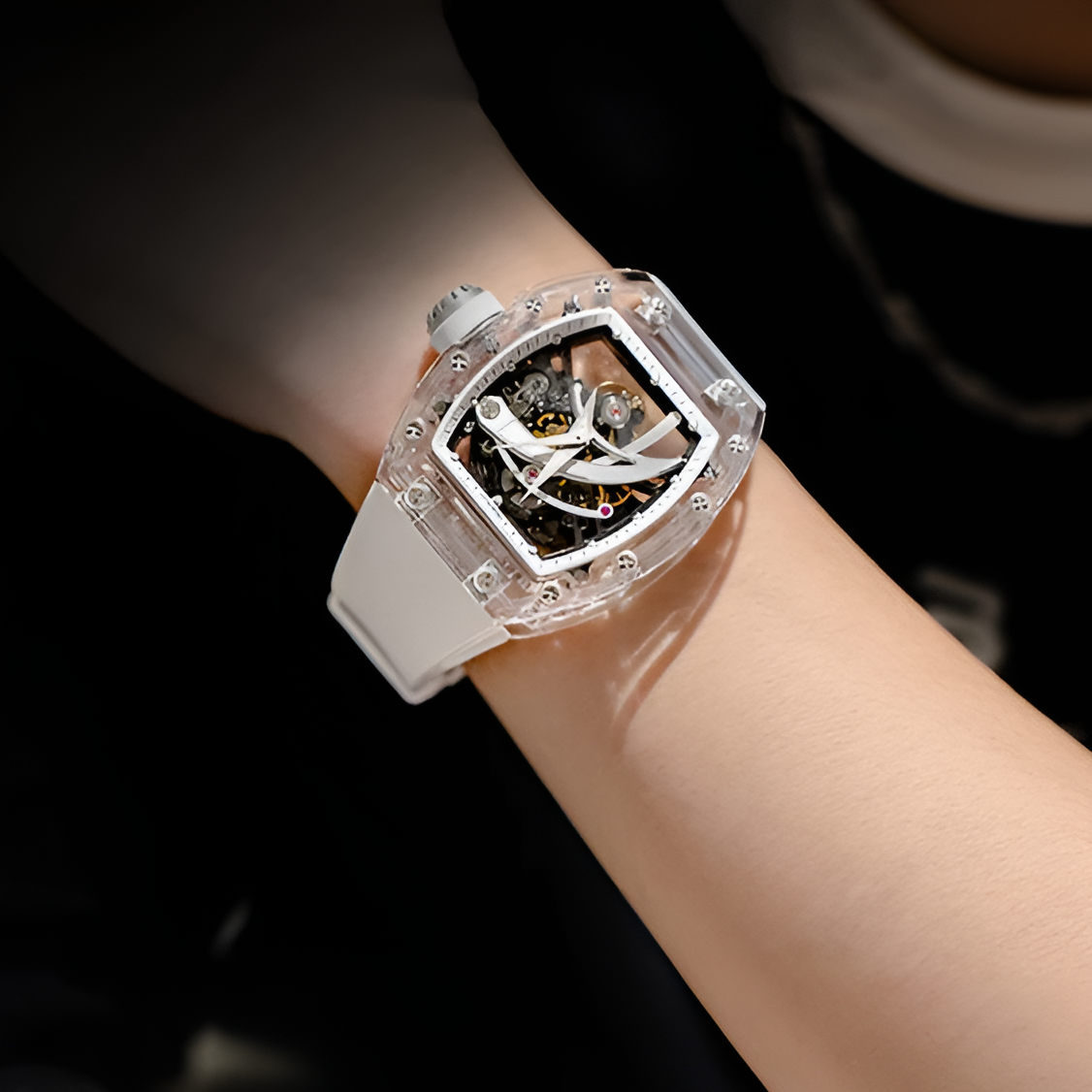 Cronusart CM08-010 - Lifestyle wrist shot of transparent automatic skeleton watch with clear case