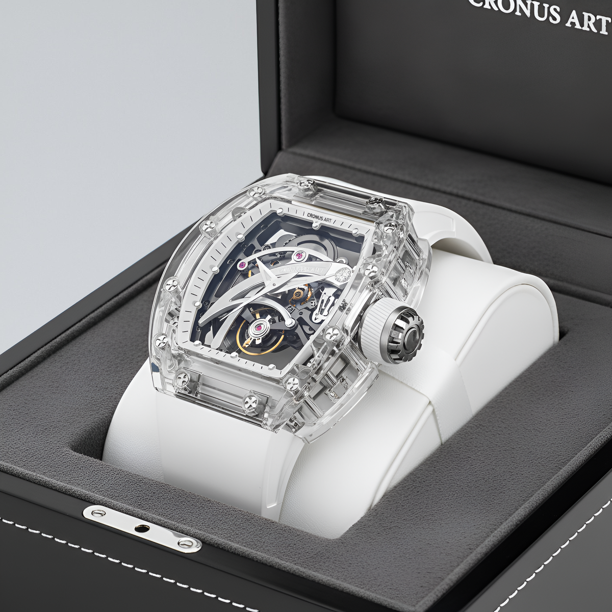 Cronusart CM08-010 transparent automatic skeleton watch displayed in presentation box